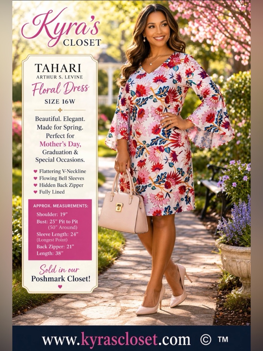 Tahari Arthur S Levine Floral Dress 16W Bell Sleeve  Spring Church plus size